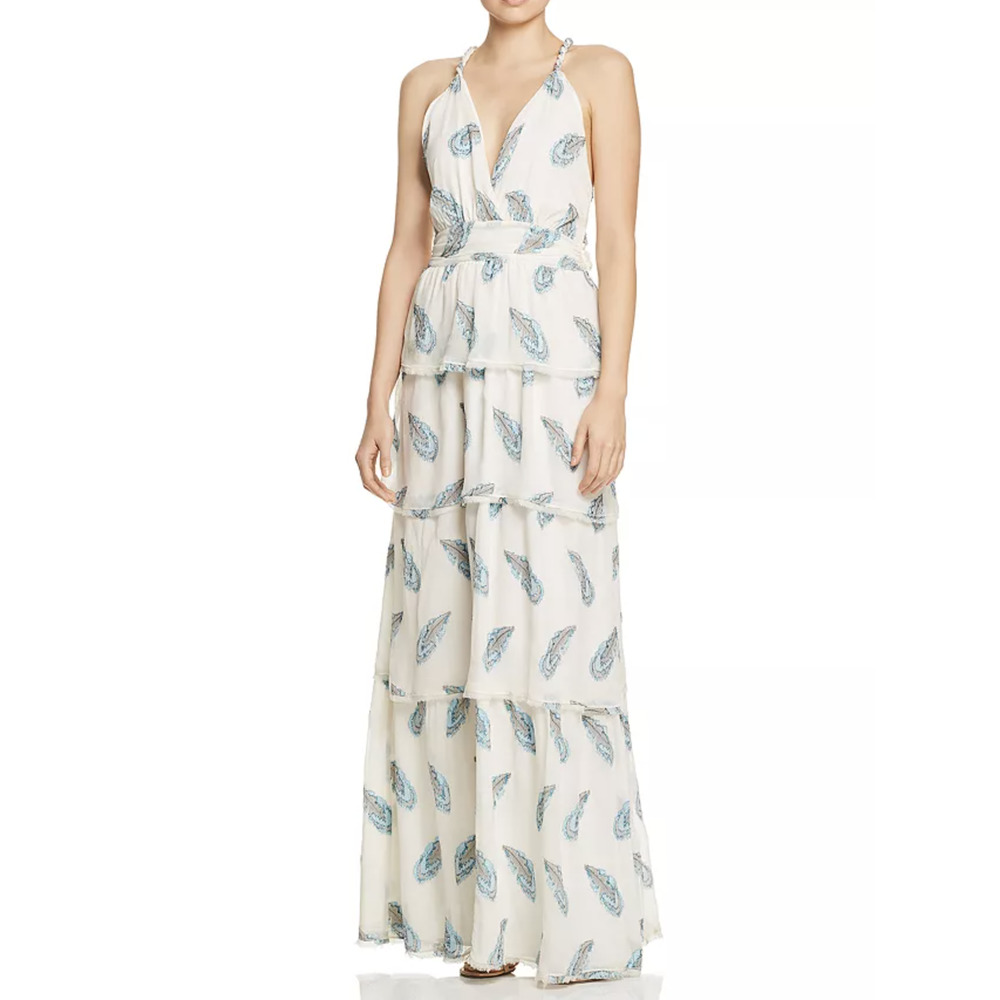 NWT $645 Ramy Brook Toleda Ivory Blue Ruffle Tiered Tie Back Maxi Dress Size L